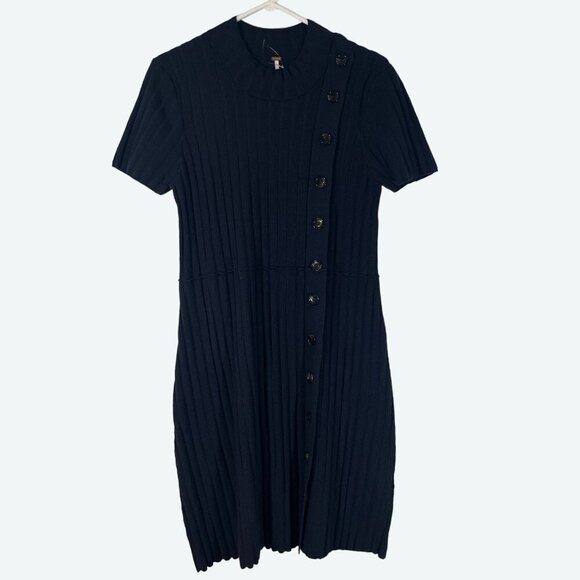 Free People Lottie Rib Dress‎ Button Detail Front Short Sleeve Navy Large NWOT - Picture 2 of 10